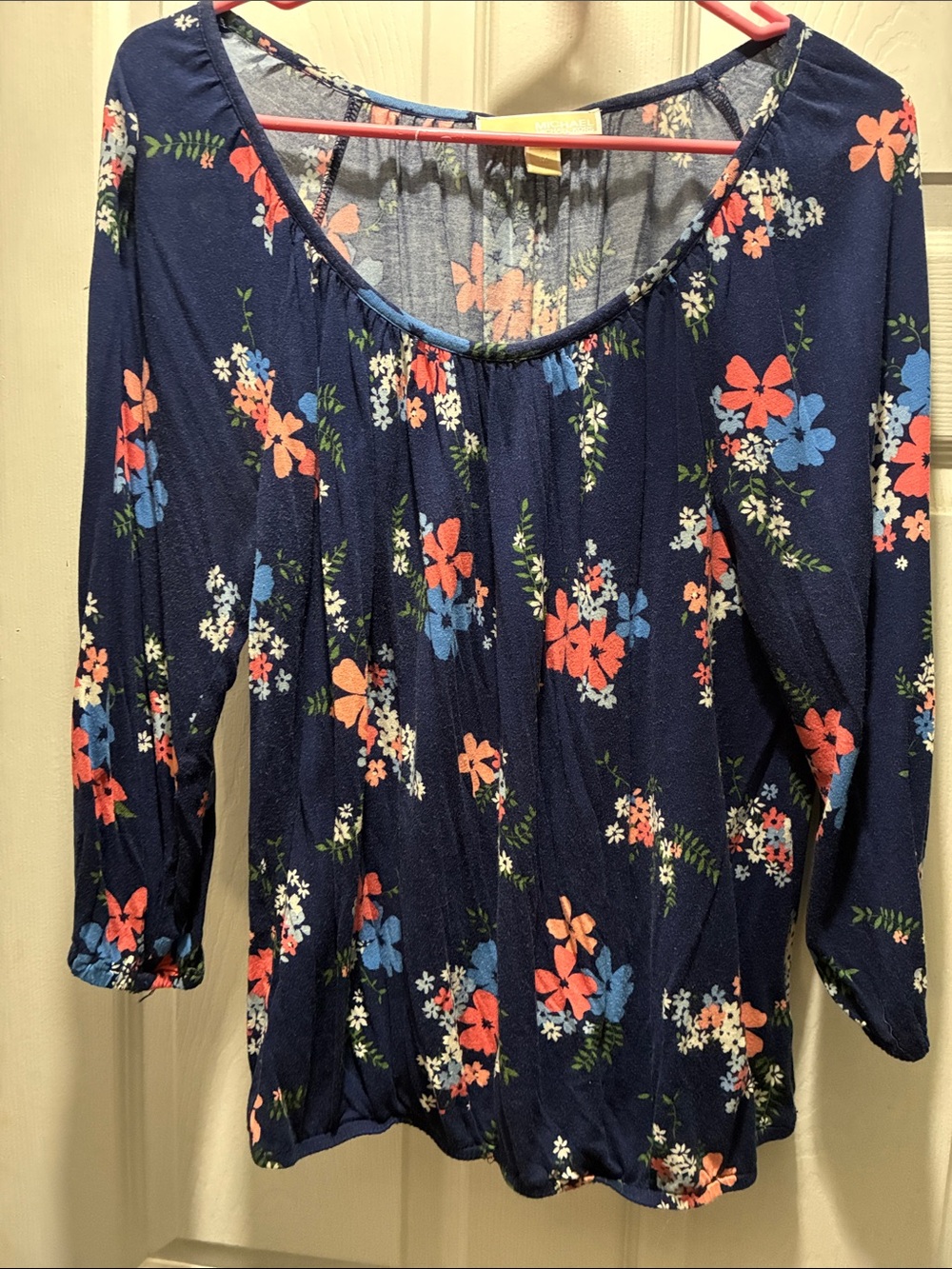 Michael Kors Navy Floral Scoop Neck Blouse with Coral & Blue Accents